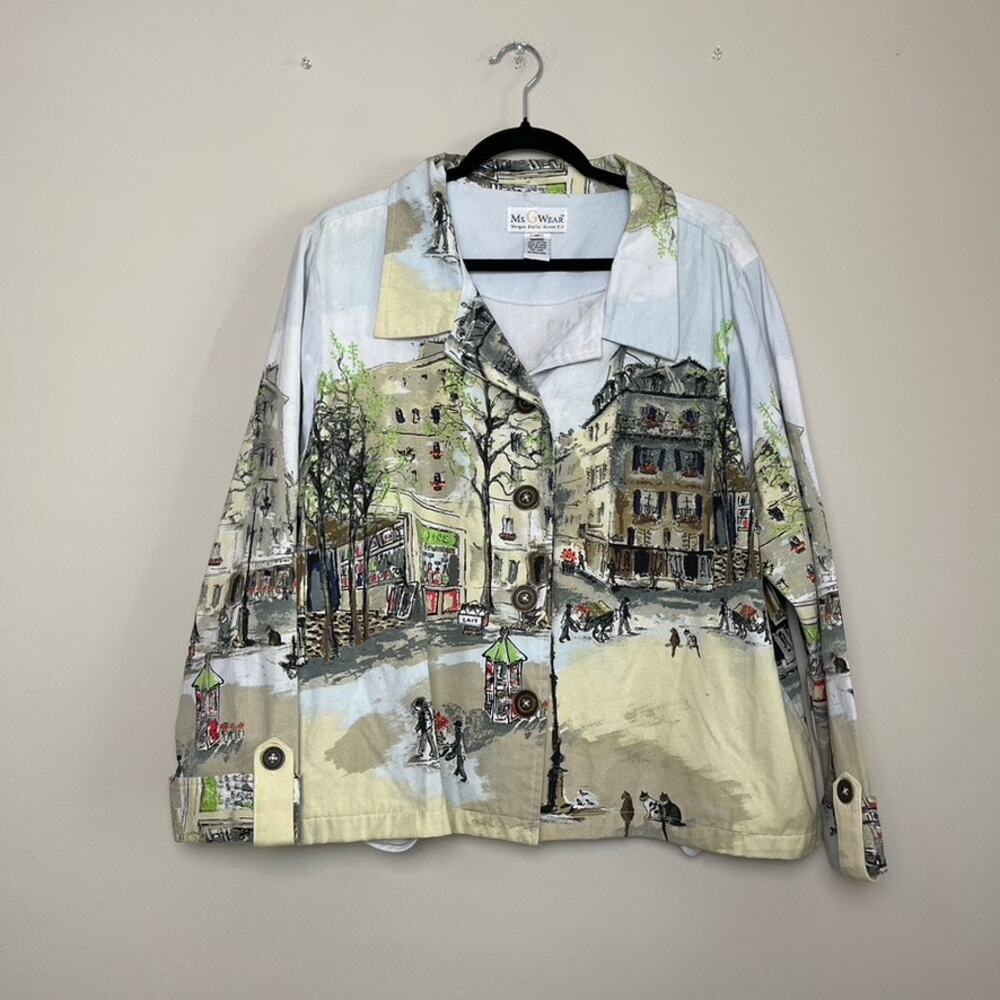Ms GWear Cotton Collared Button Old Time City Town‎ Novelty Print Shacket Sz 1X